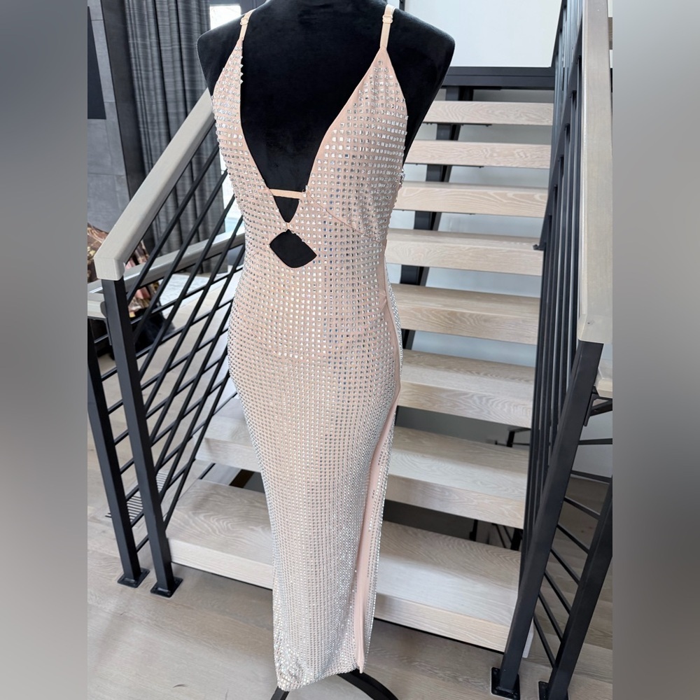New Hanlterneck Beige Hollow rhinestone Evening Wedding Cocktail Dress size S - Picture 7 of 10